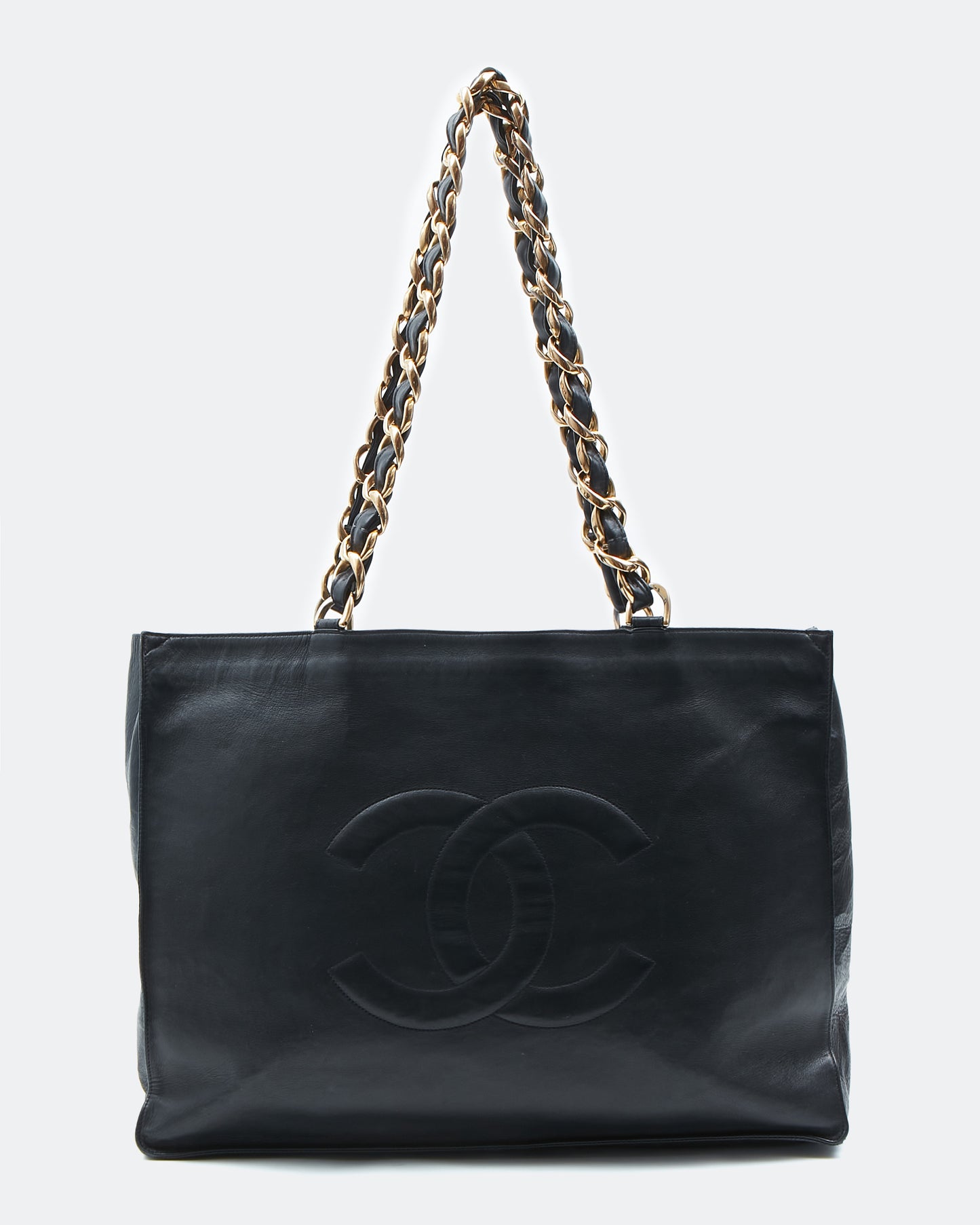 Sac cabas CC entrelacé vintage en cuir d'agneau noir Chanel avec chaîne en or 24 carats