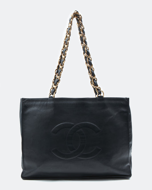 Chanel Black Lambskin Vintage 24K Gold Chain Interlocking CC Tote Bag