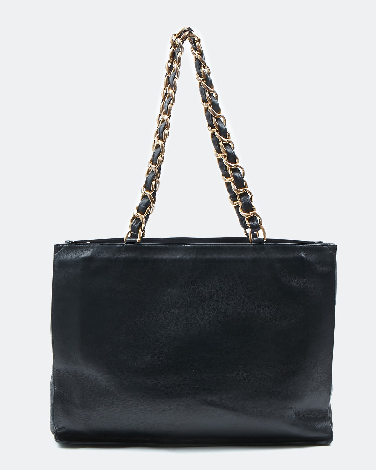 Sac cabas CC entrelacé vintage en cuir d'agneau noir Chanel avec chaîne en or 24 carats