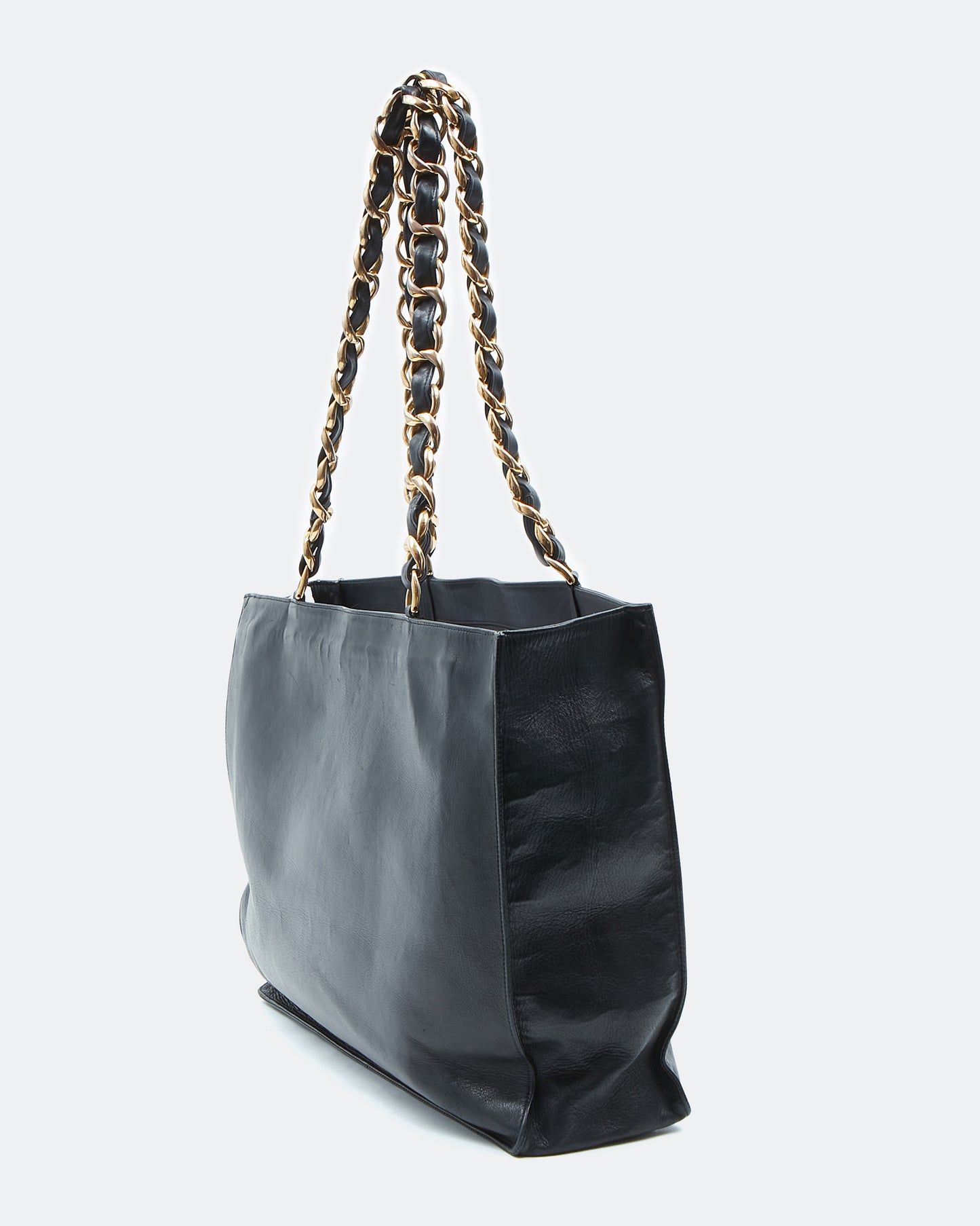 Sac cabas CC entrelacé vintage en cuir d'agneau noir Chanel avec chaîne en or 24 carats