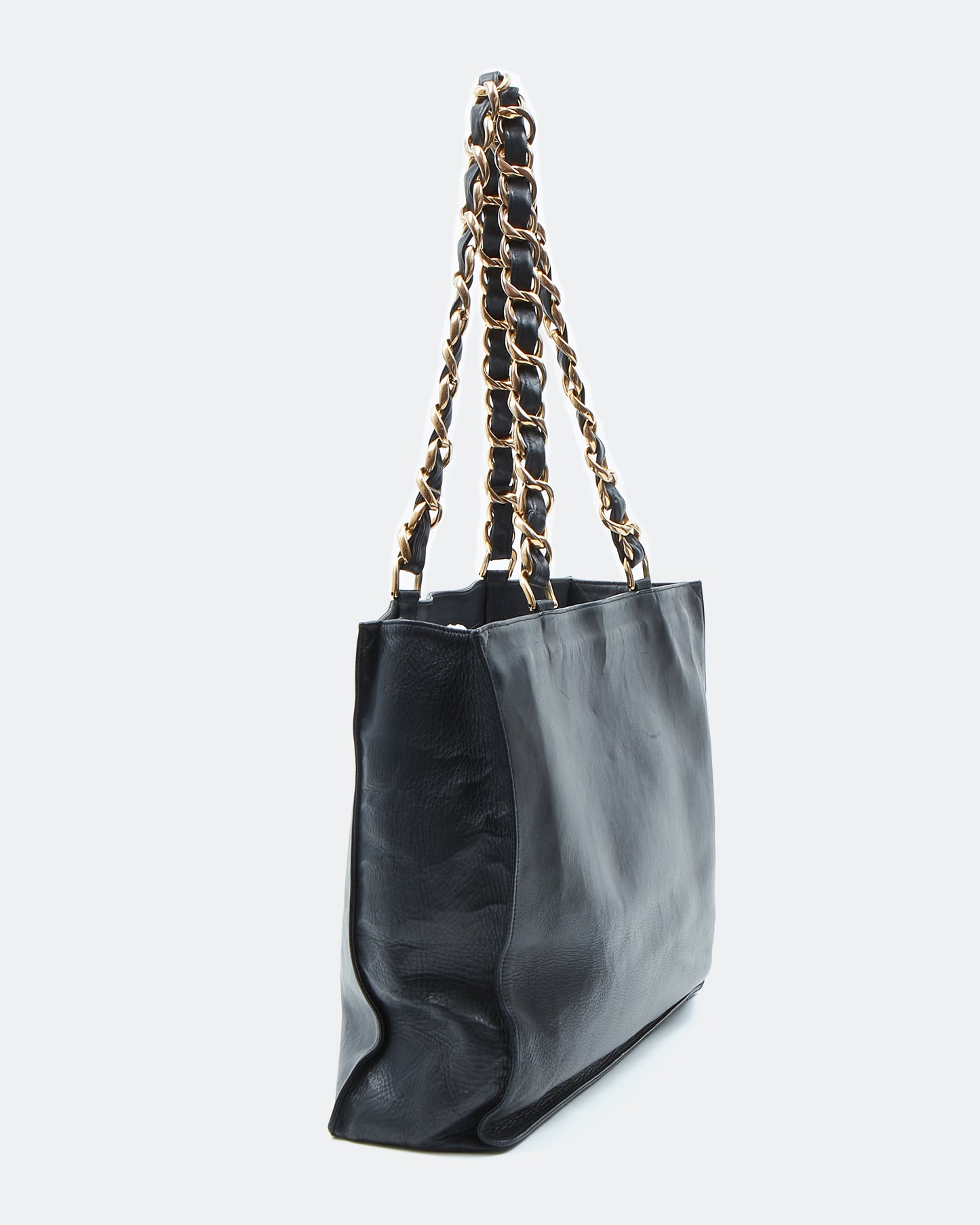 Sac cabas CC entrelacé vintage en cuir d'agneau noir Chanel avec chaîne en or 24 carats