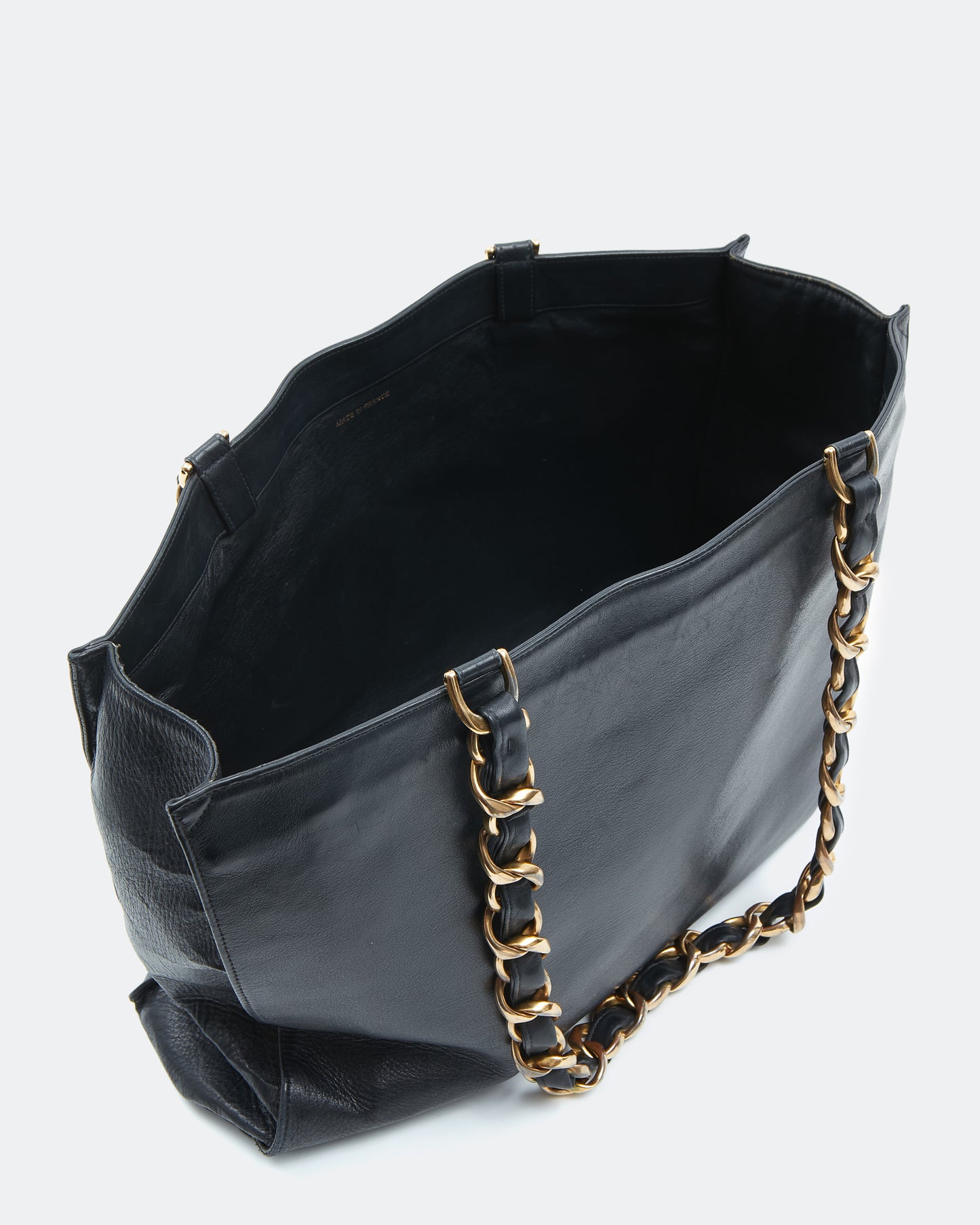 Sac cabas CC entrelacé vintage en cuir d'agneau noir Chanel avec chaîne en or 24 carats