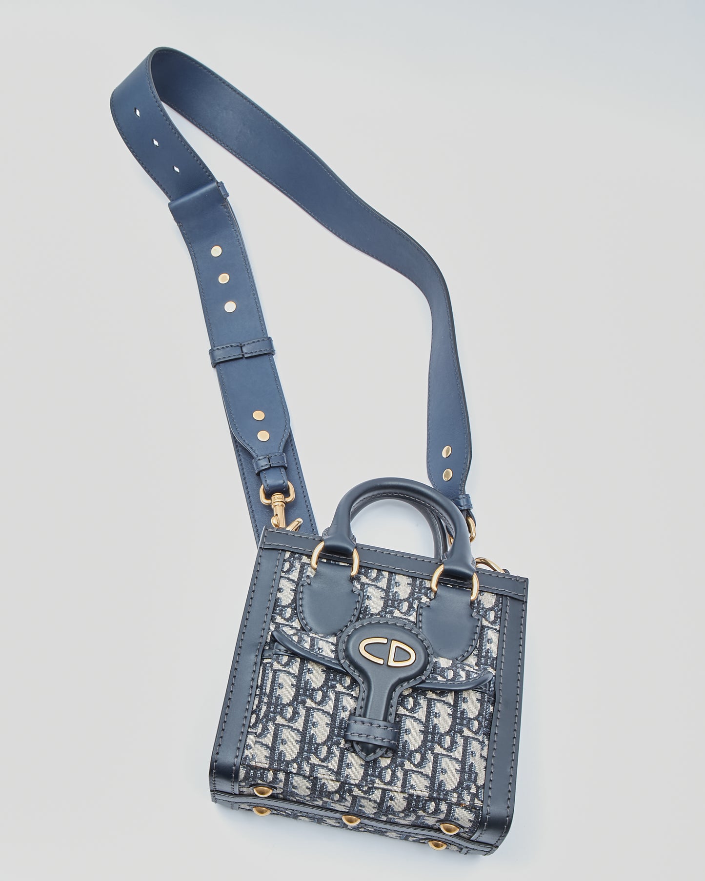 Mini sac fourre-tout à logo en toile oblique bleu marine Dior