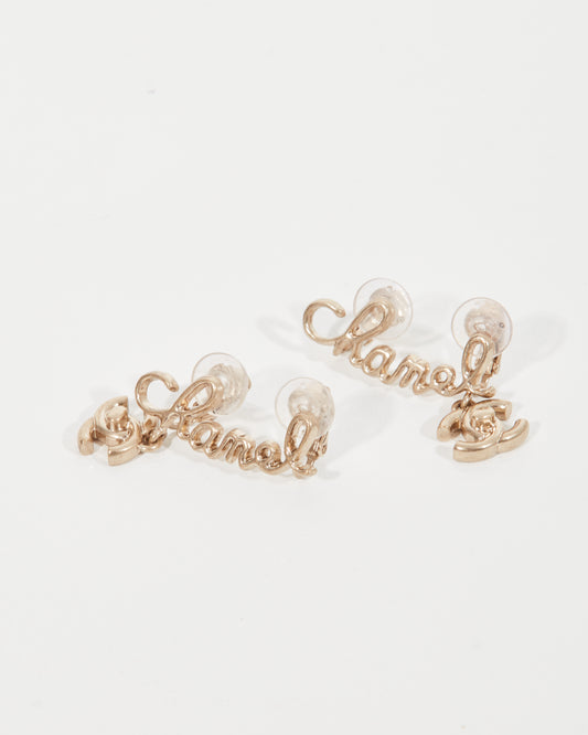 Chanel Antique Gold Logo Clip On Earrings