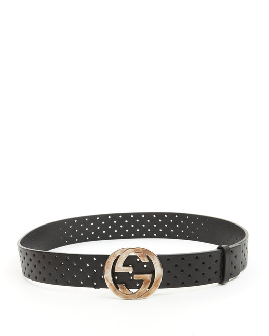 Gucci Black Perforated Leather GG Belt - 90/36