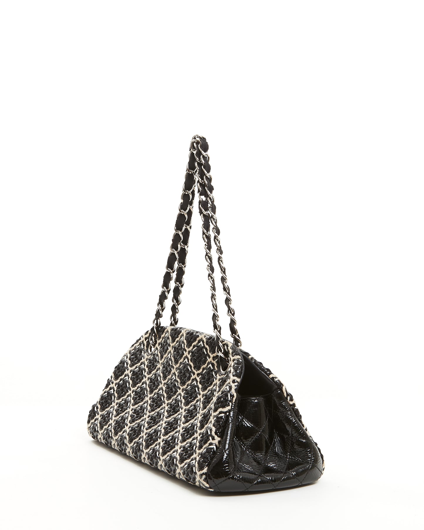 Chanel Black/White Tweed Patent Leather Bowling Shoulder Bag