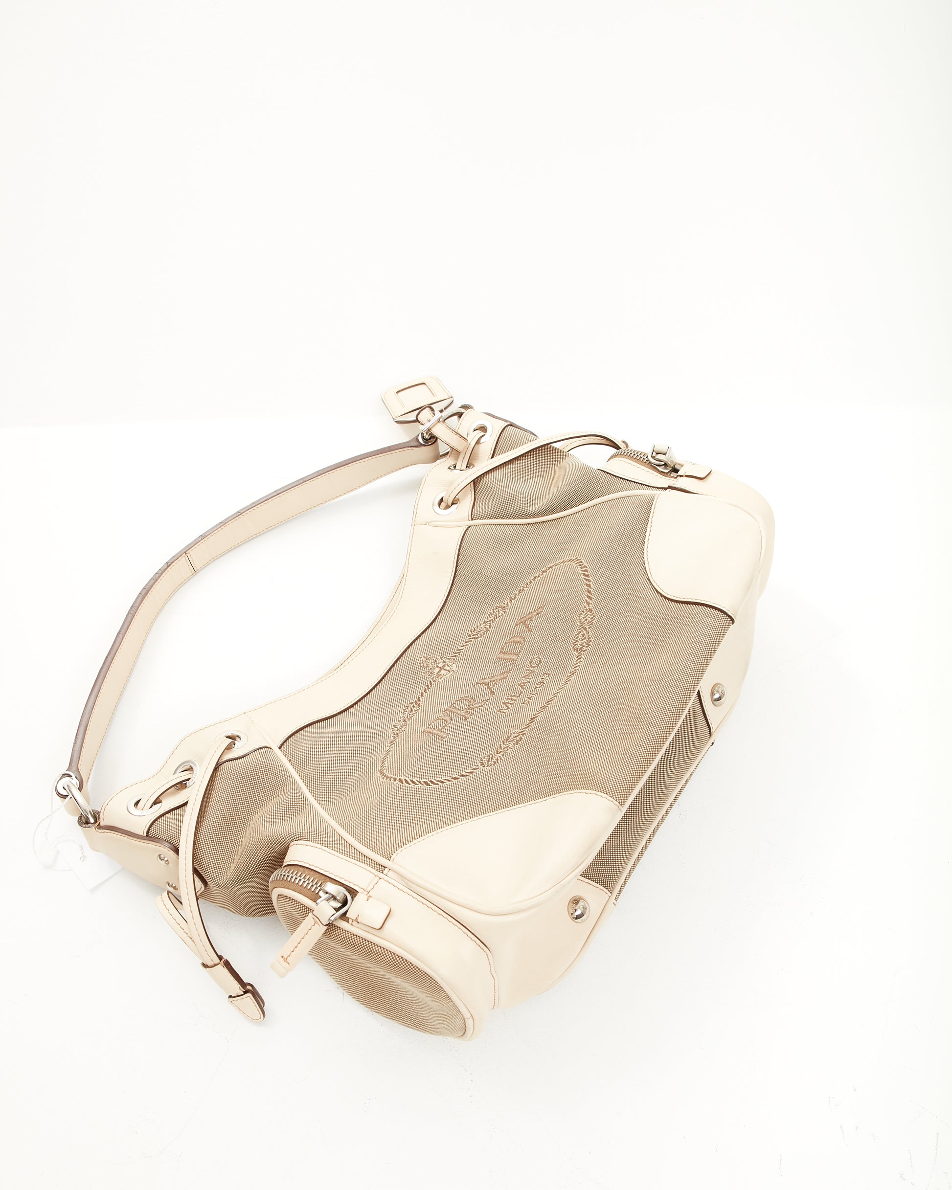 Explore a Prada Beige Canapa Canvas Shoudler Bag Authenticated