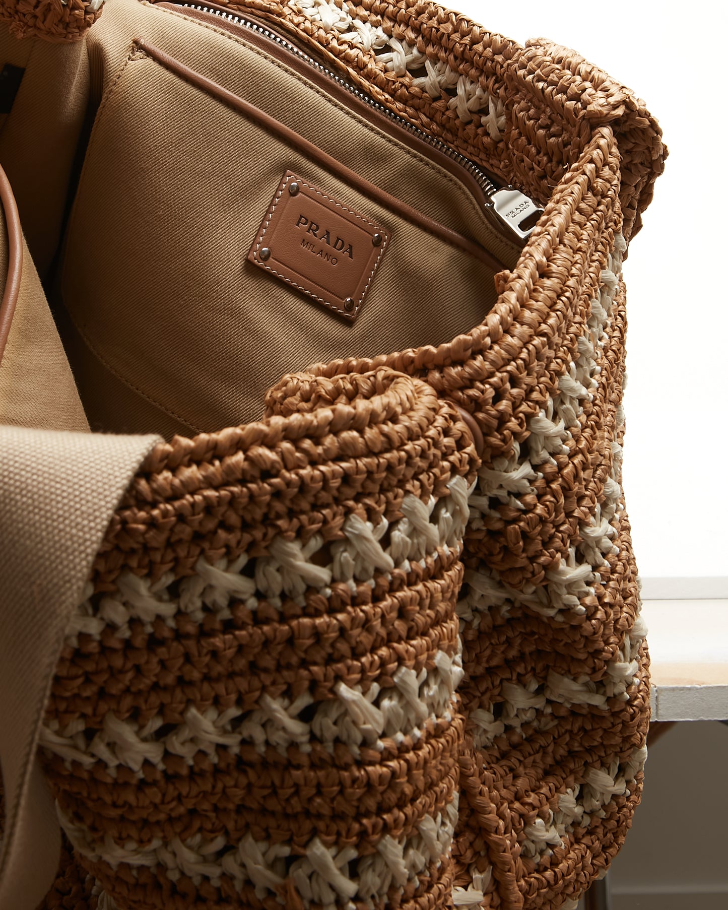 Prada Beige/White Woven Straw Tote Beach Bag