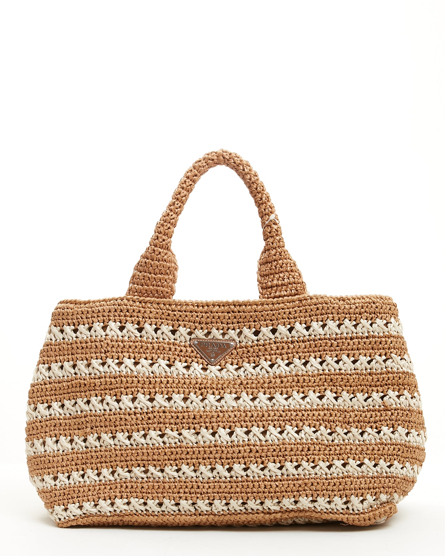 Prada Beige/White Woven Straw Tote Beach Bag