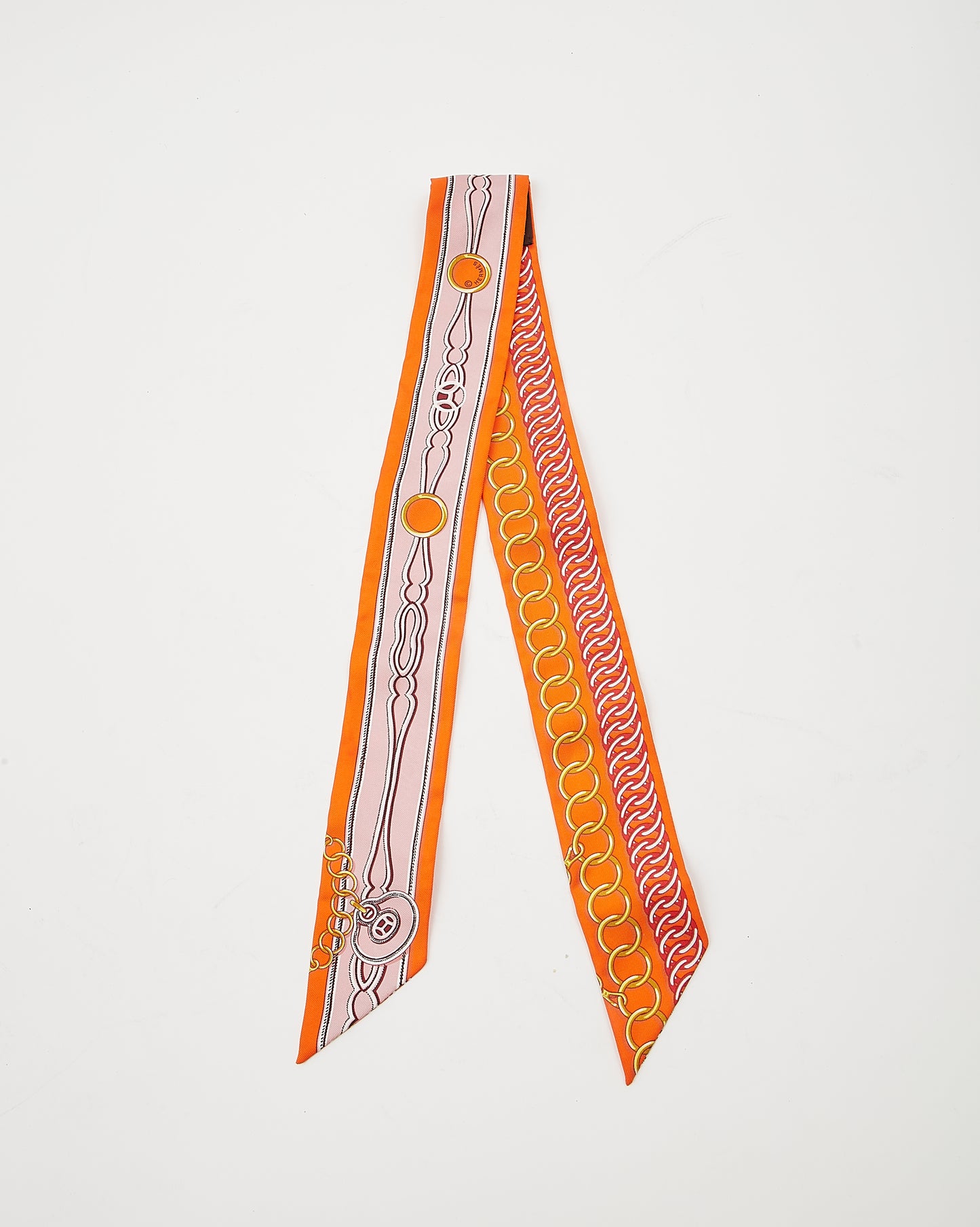 Hermès Orange and Pink Chain Link Silk Twilly