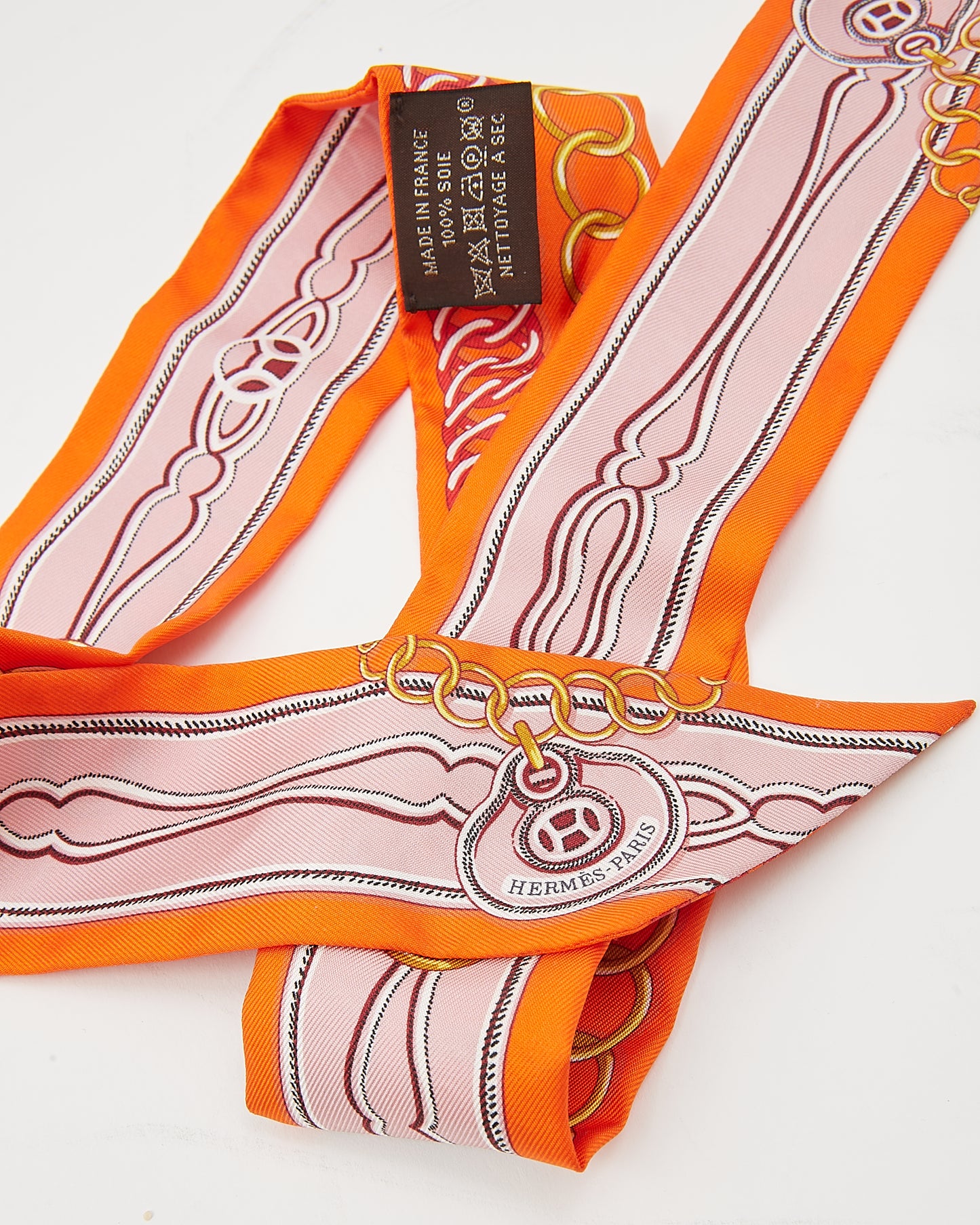Hermès Orange and Pink Chain Link Silk Twilly