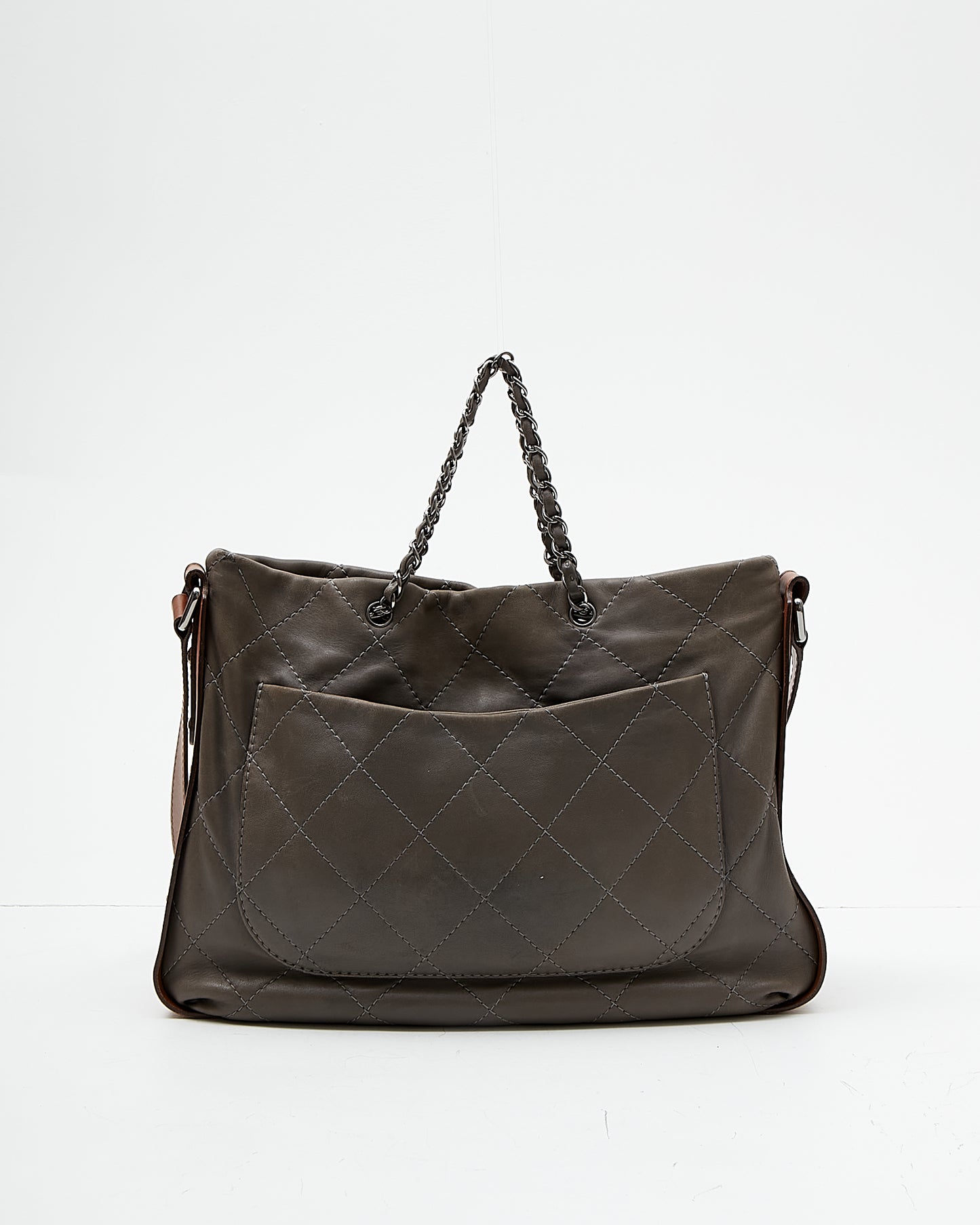 Chanel Grey/Tan Quilted Leather Convertible Messenger Tote Bag
