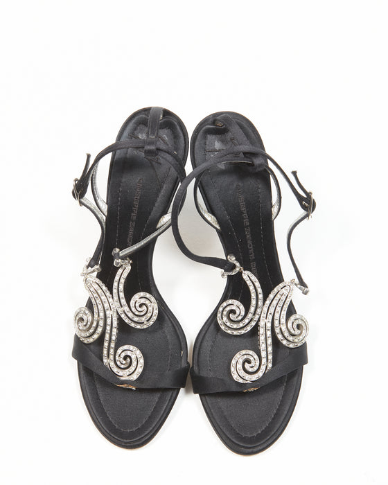 Giuseppe Zanotti Black Satin Jewelled Wave Heeled Sandals - 38