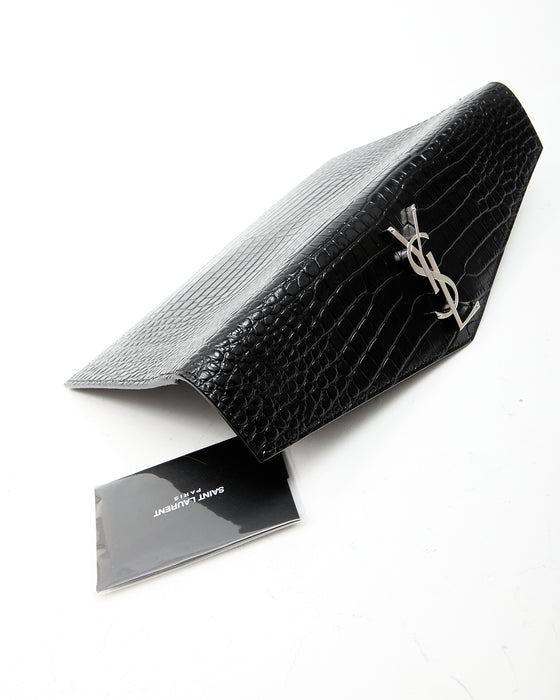 Saint Laurent Black Croc Embossed Envelope Clutch