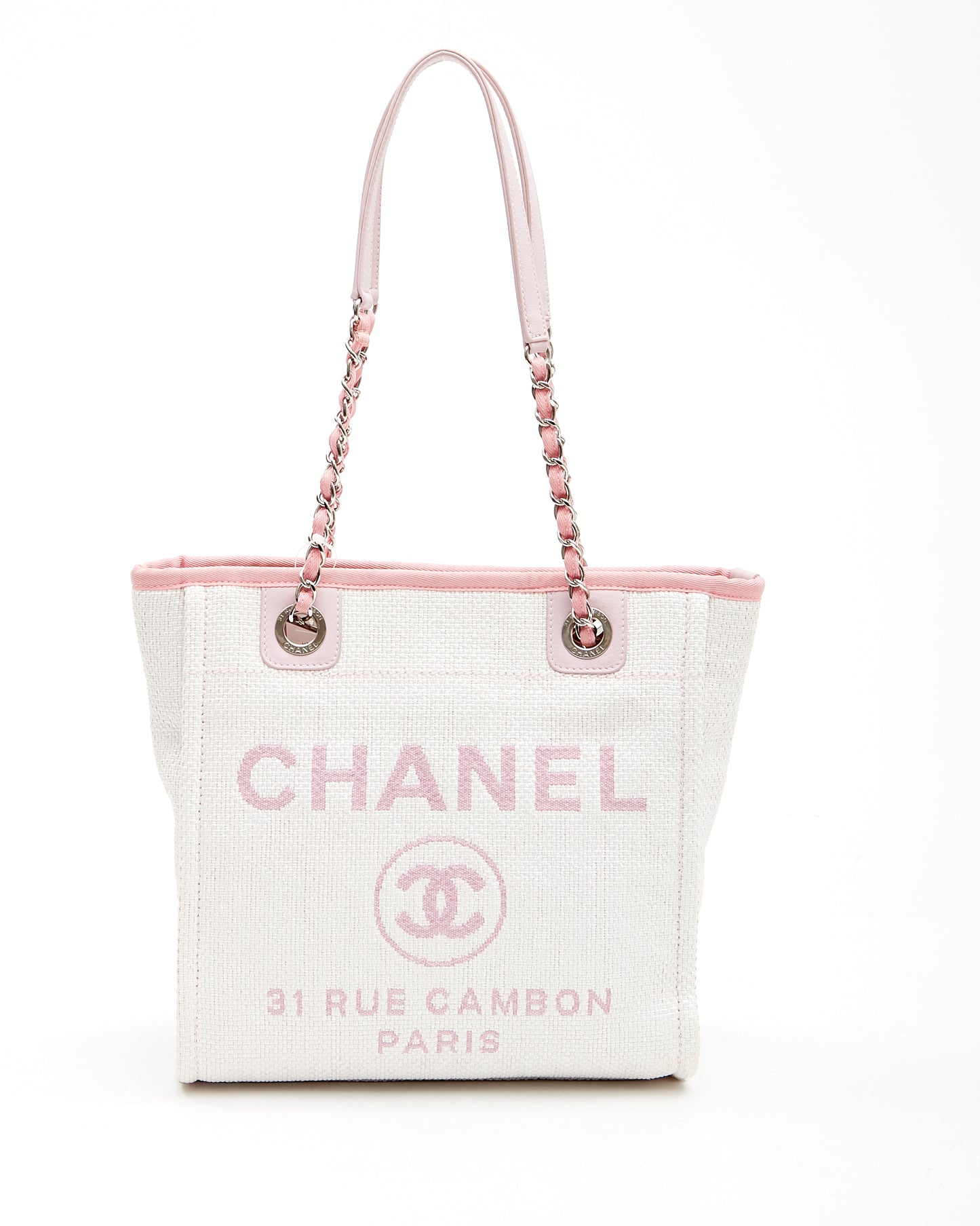 Petit sac fourre-tout Deauville en toile crème et rose Chanel
