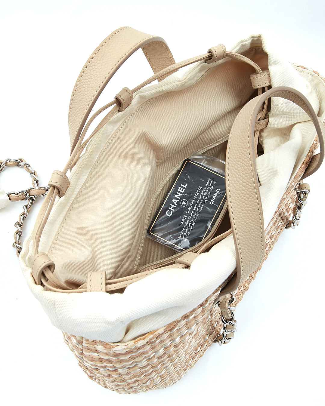 Chanel Beige Tweed & Raffia Top Handle Chain Shoulder Drawstring Bag