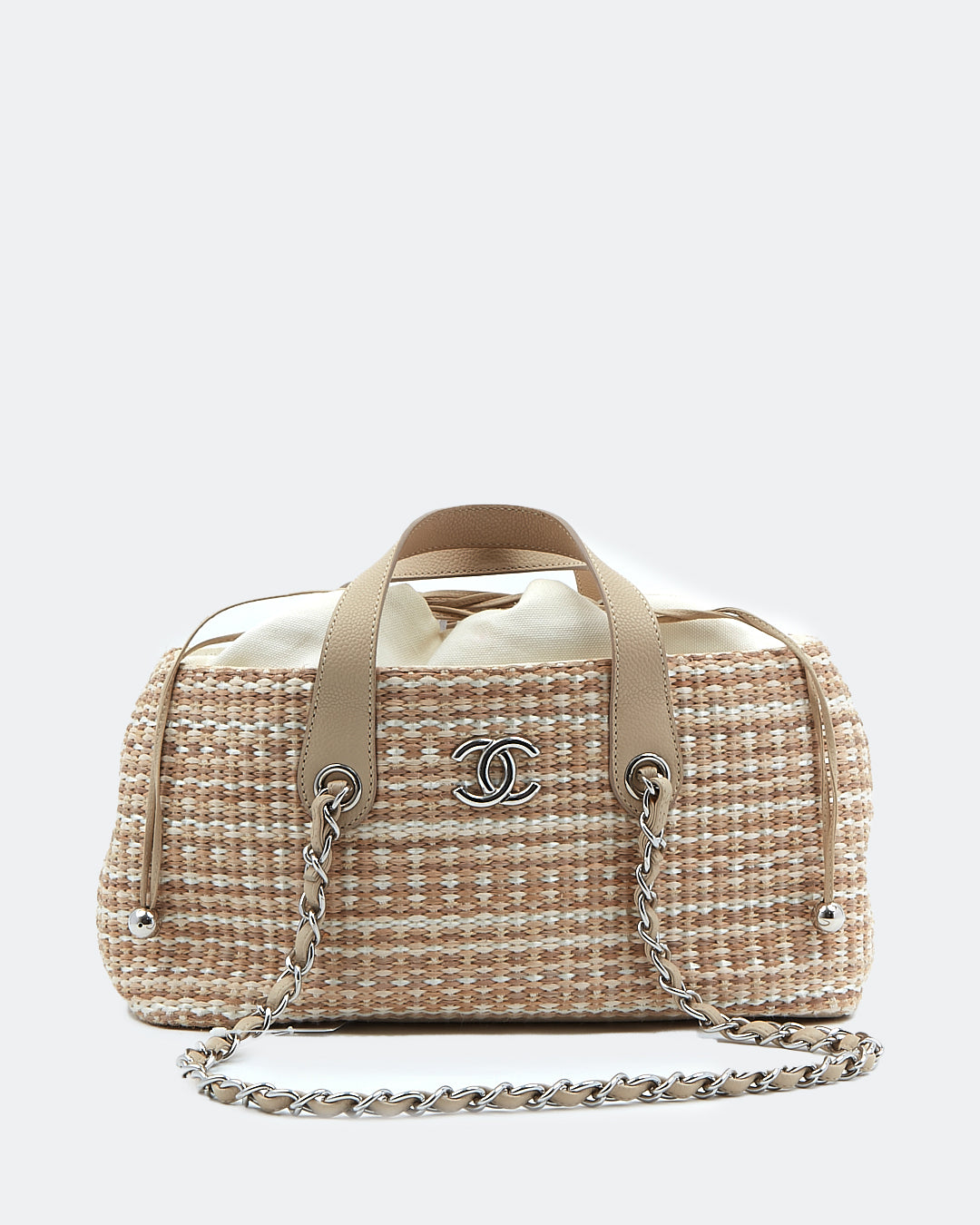 Sac à bandoulière en chaîne avec poignée supérieure en tweed et raphia beige Chanel