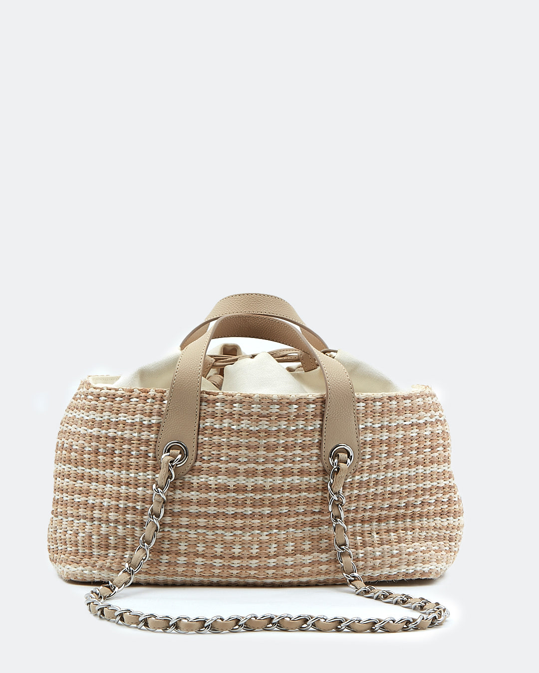 Sac à bandoulière en chaîne avec poignée supérieure en tweed et raphia beige Chanel