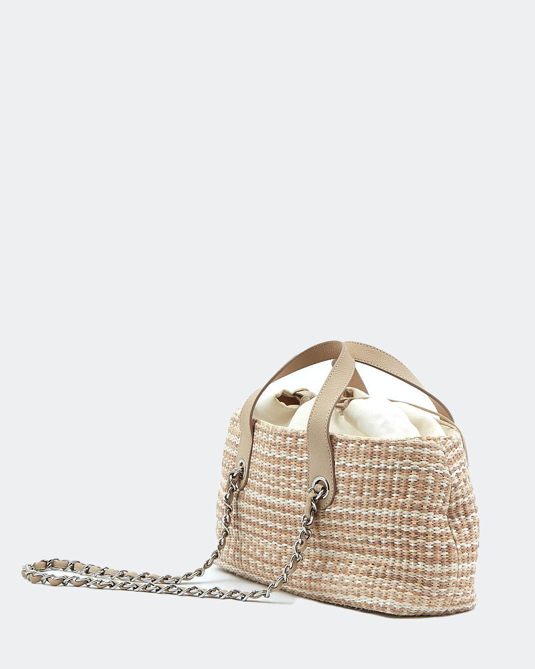 Sac à bandoulière en chaîne avec poignée supérieure en tweed et raphia beige Chanel