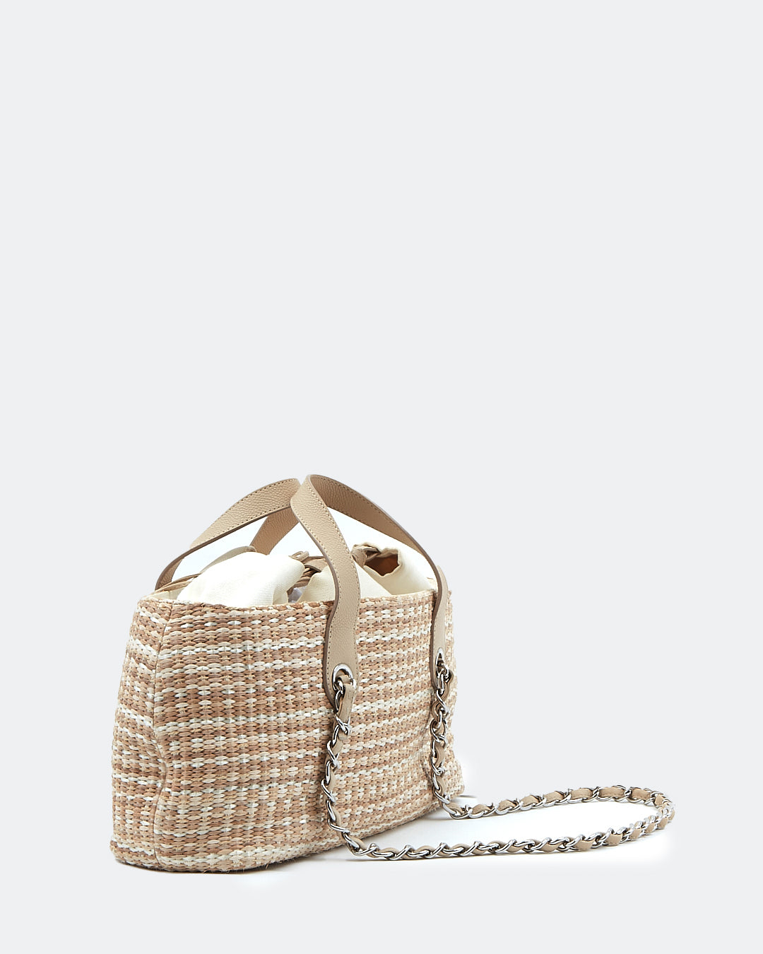Sac à bandoulière en chaîne avec poignée supérieure en tweed et raphia beige Chanel