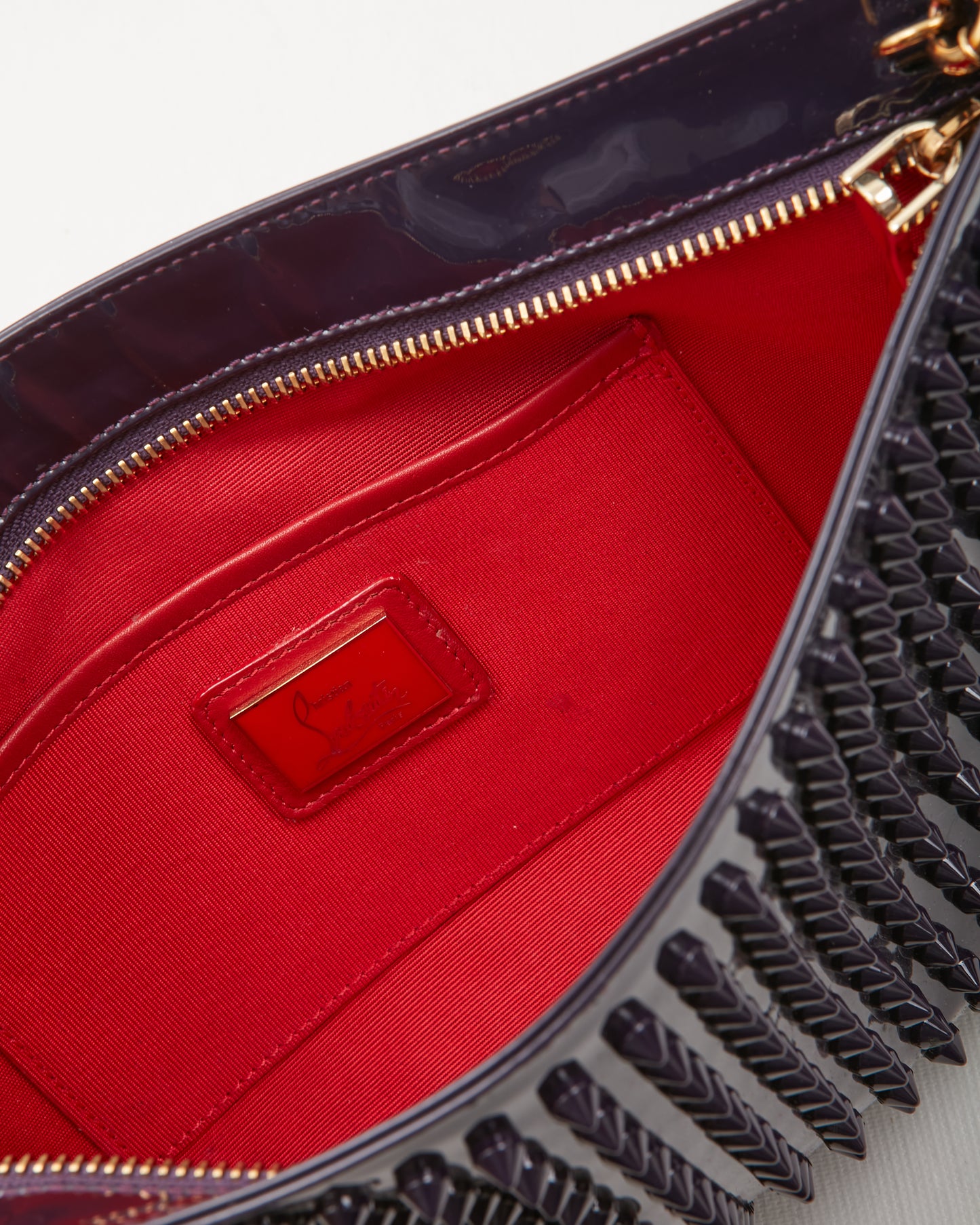 Louboutin Purple Patent Leather Spike Chain Shoulder Clutch