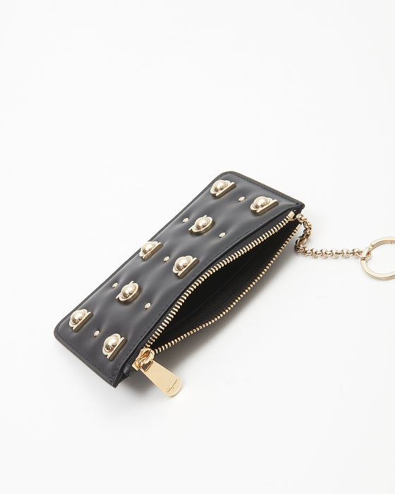 Ferragamo Black Leather Gancini Studded Chain Card Holder