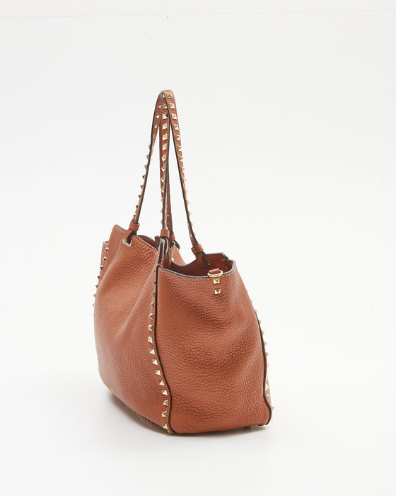 Valentino Tan Grained Leather Rockstud Medium Tote Bag