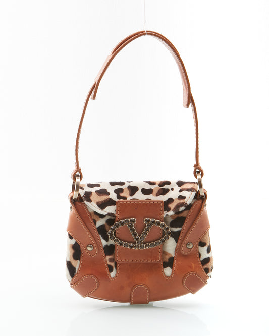 Valentino Brown V Logo Cheetah Print Pony Hair Shoulder Bag