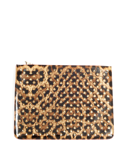 Louboutin Patent Leopard Studded Clutch Bag