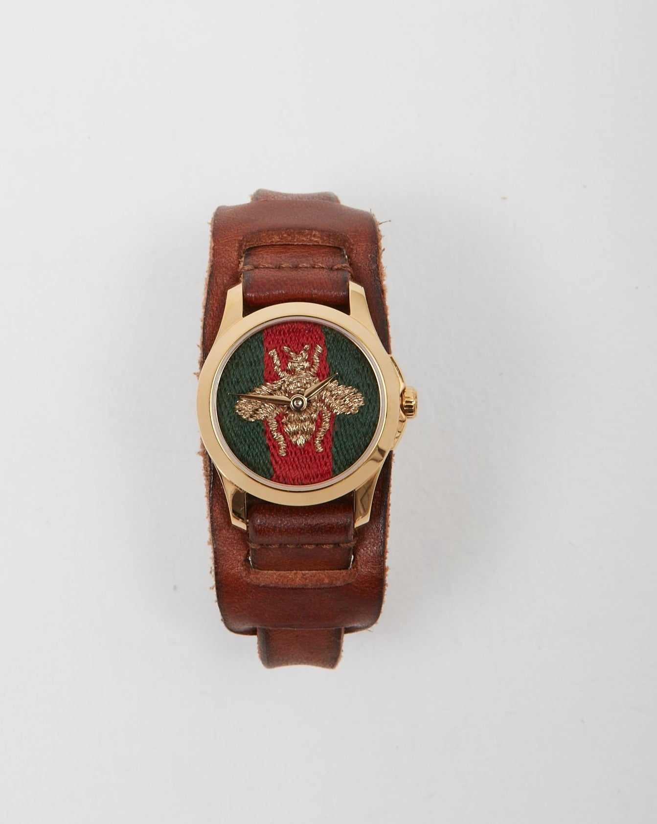 Gucci Brown Leather G-Timeless Embroidered Bee Gold Stainless Steel Watch