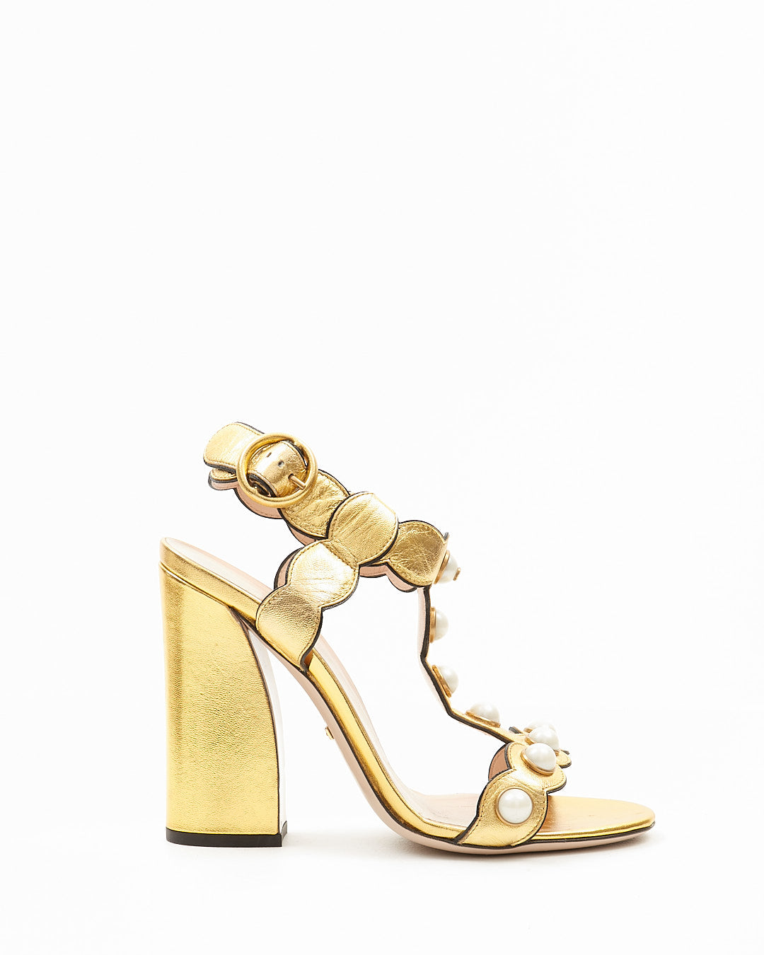 Gucci Gold Metallic Pearl Detail Sandal Heel - 37