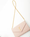 Saint Laurent Dusty Pink YSL Grain De Poudre Matelasse Chevron Monogram Envelope Wallet-on-Chain