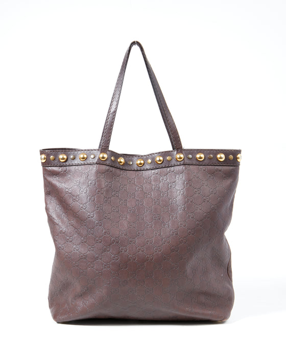 Gucci Brown Leather Signature G Leather Studded Tote Bag
