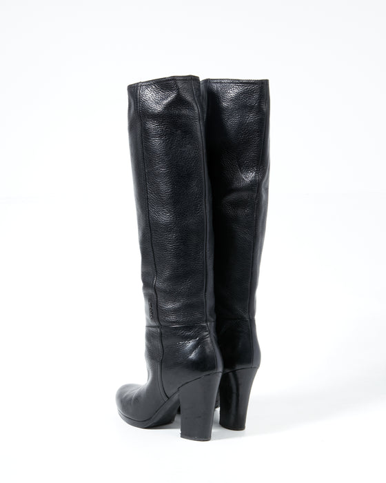 Prada Black Grained Leather Knee Heel Boots - 39.5