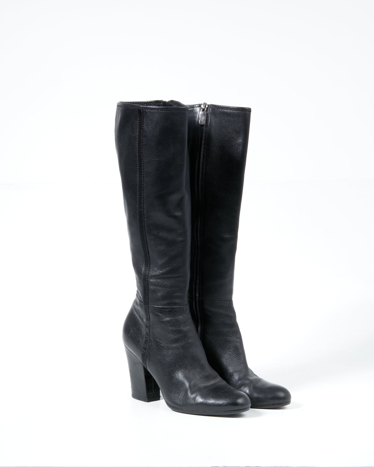 Prada Black Leather Below the Knee Heel Boots - 38.5