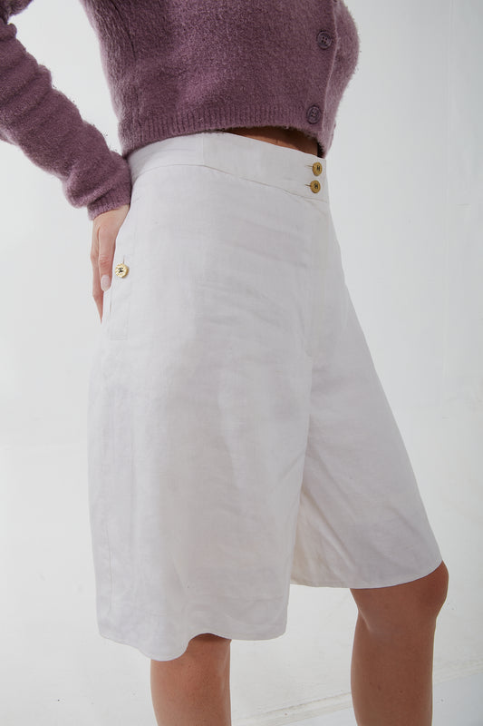 Chanel White Linen CC Button Culottes - 38