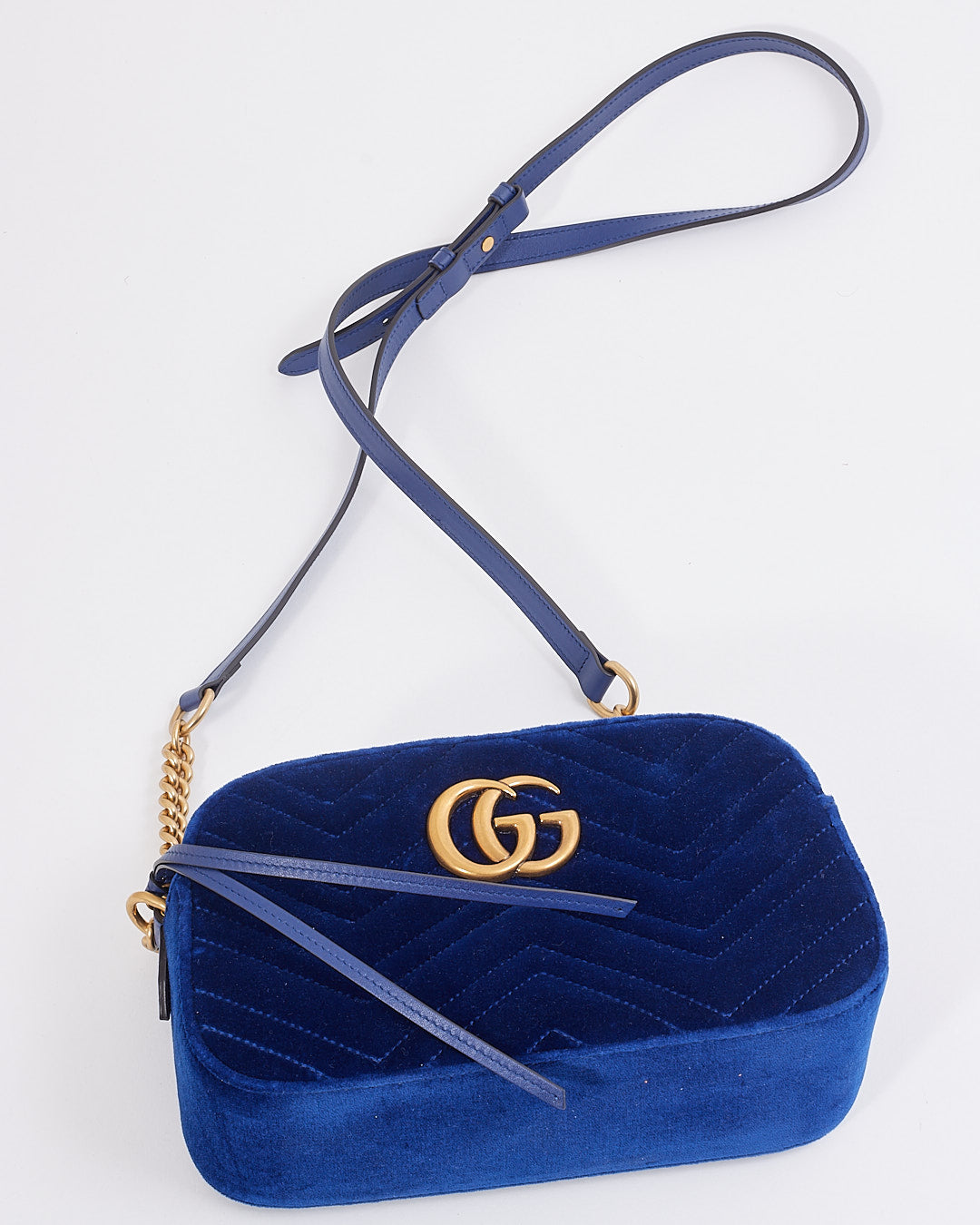 Petit sac pour appareil photo Gucci Blue Velvet GG Marmont Matelasse Chevron