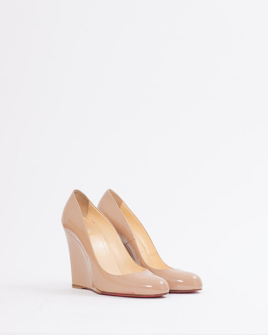 Louboutin Nude Patent Leather Wedges - 38