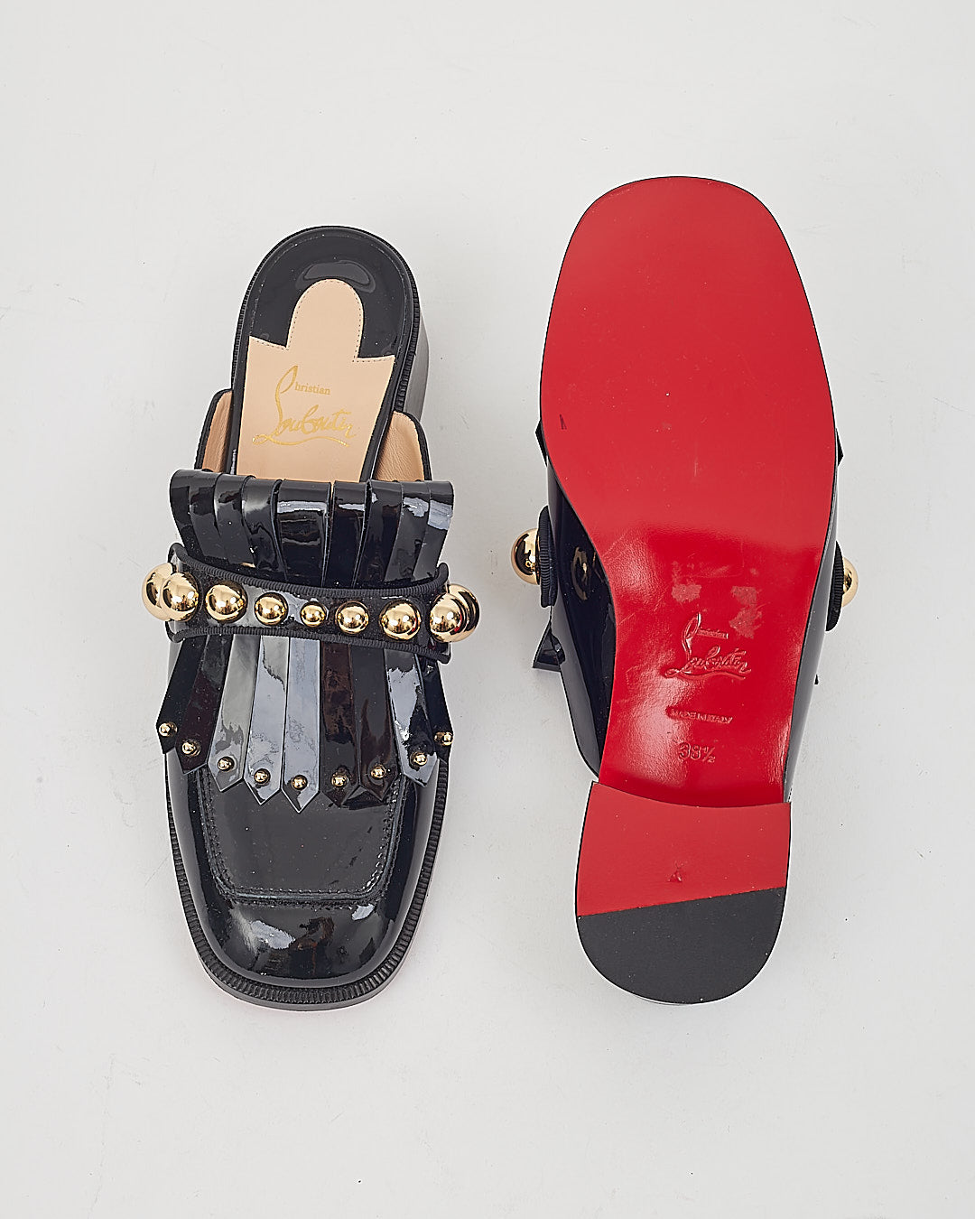 Louboutin Black Patent Studded Gold Loafer - 38.5