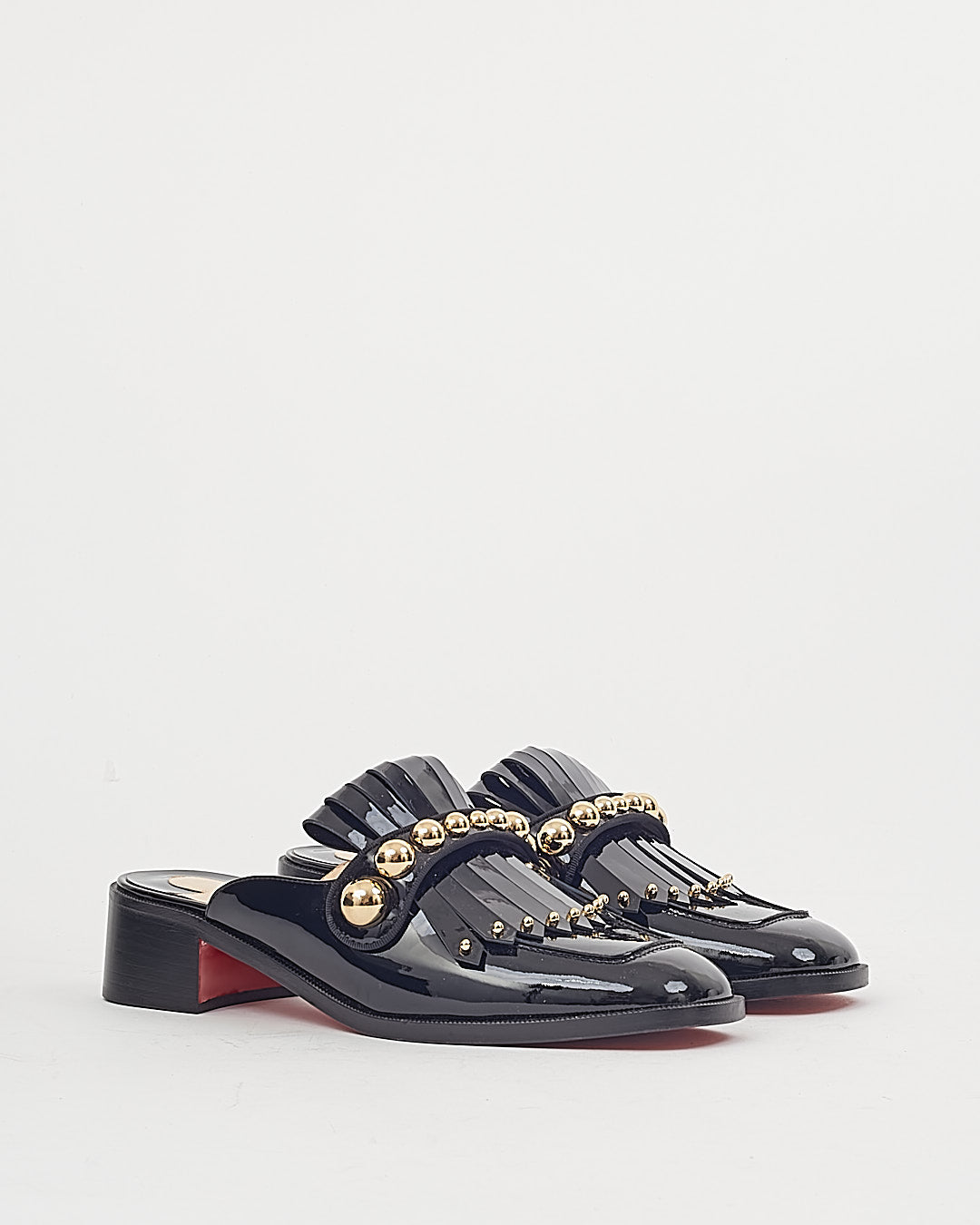 Louboutin Black Patent Studded Gold Loafer - 38.5