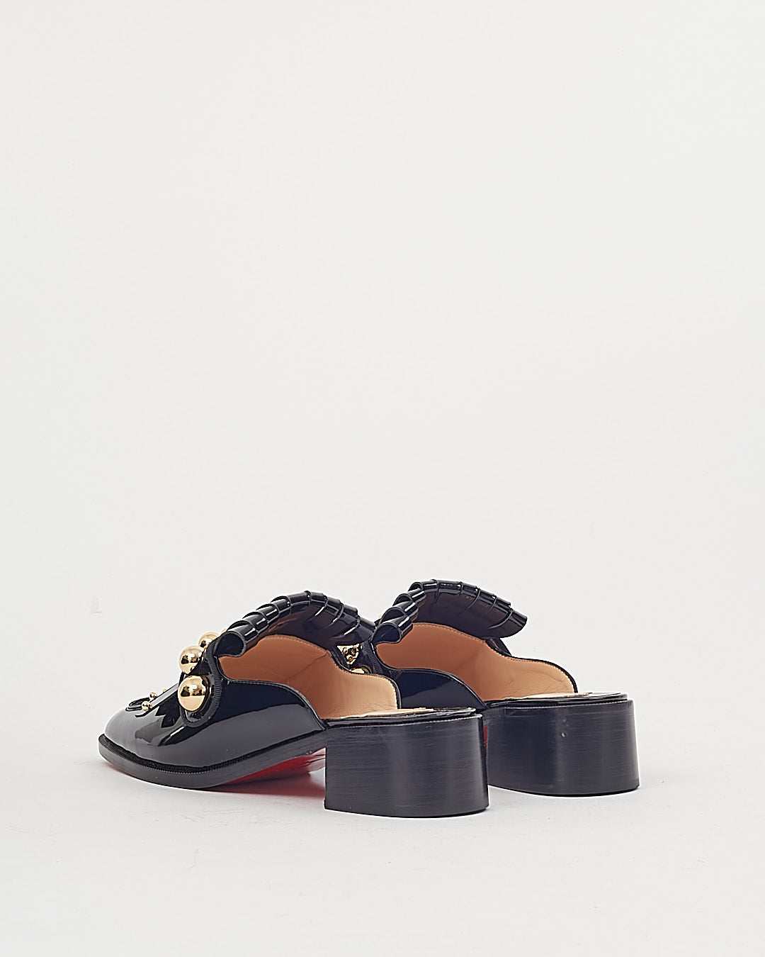 Louboutin Black Patent Studded Gold Loafer - 38.5