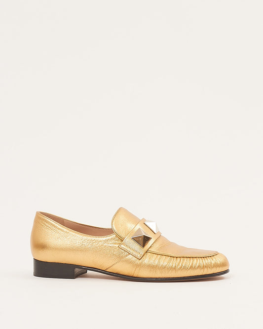 Valentino Gold Metallic Leather Studded Loafers - 36.5