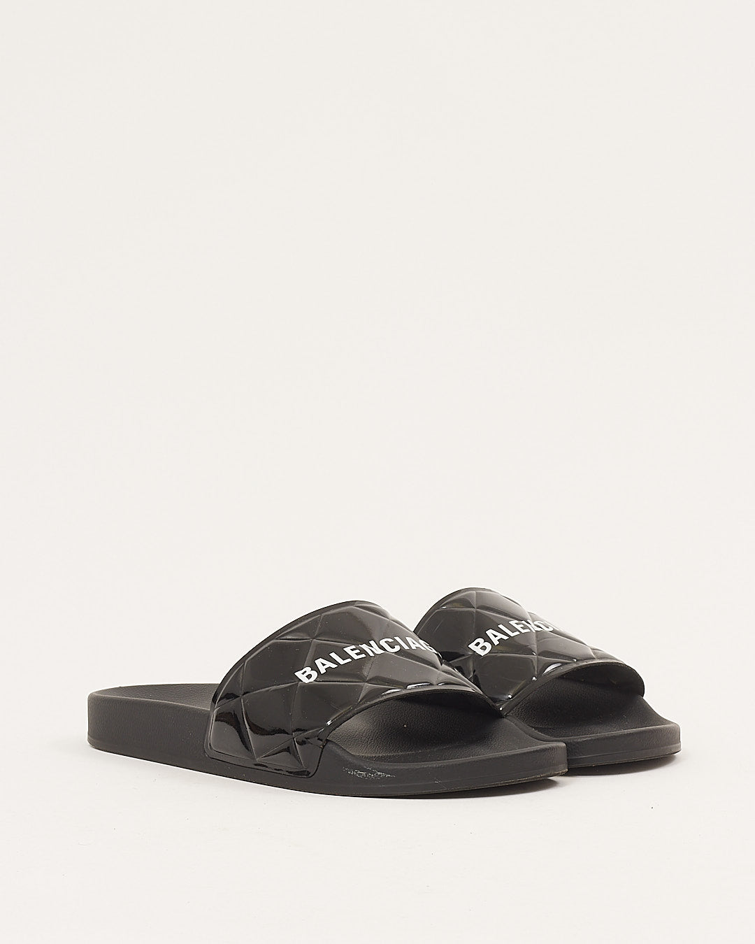 Balenciaga Patent Leather Quilted Logo Pool Slides - 40