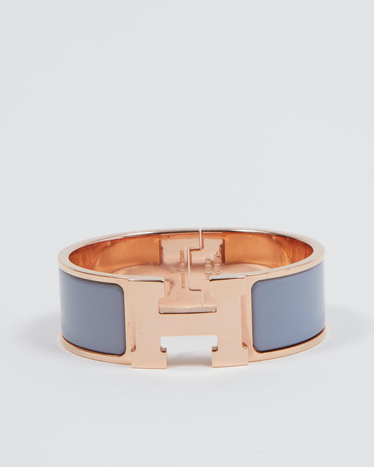 Bracelet Clic Clac large en émail Perrywinkle en or rose Hermès - S