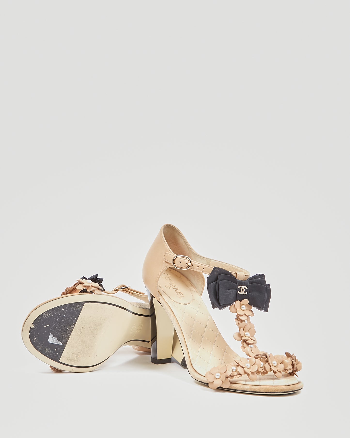 Chanel Beige with Black Bow Accent Sandal Heels - 38