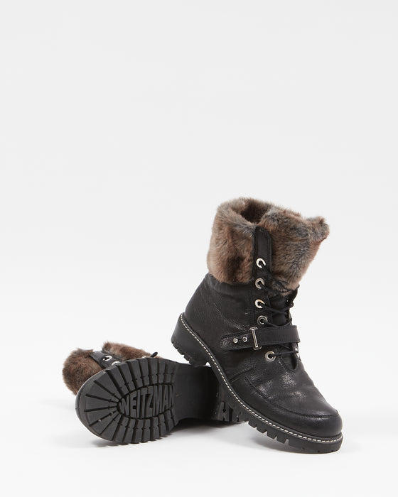 Stuart Weitzman Black Leather & Fur Combat Boots - 8