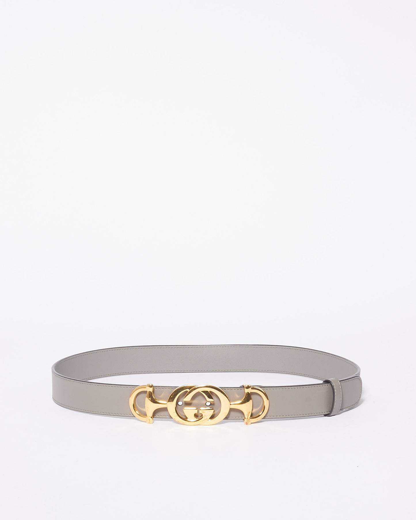 Gucci Grey Leather Gold GG Horsebit Belt - 85