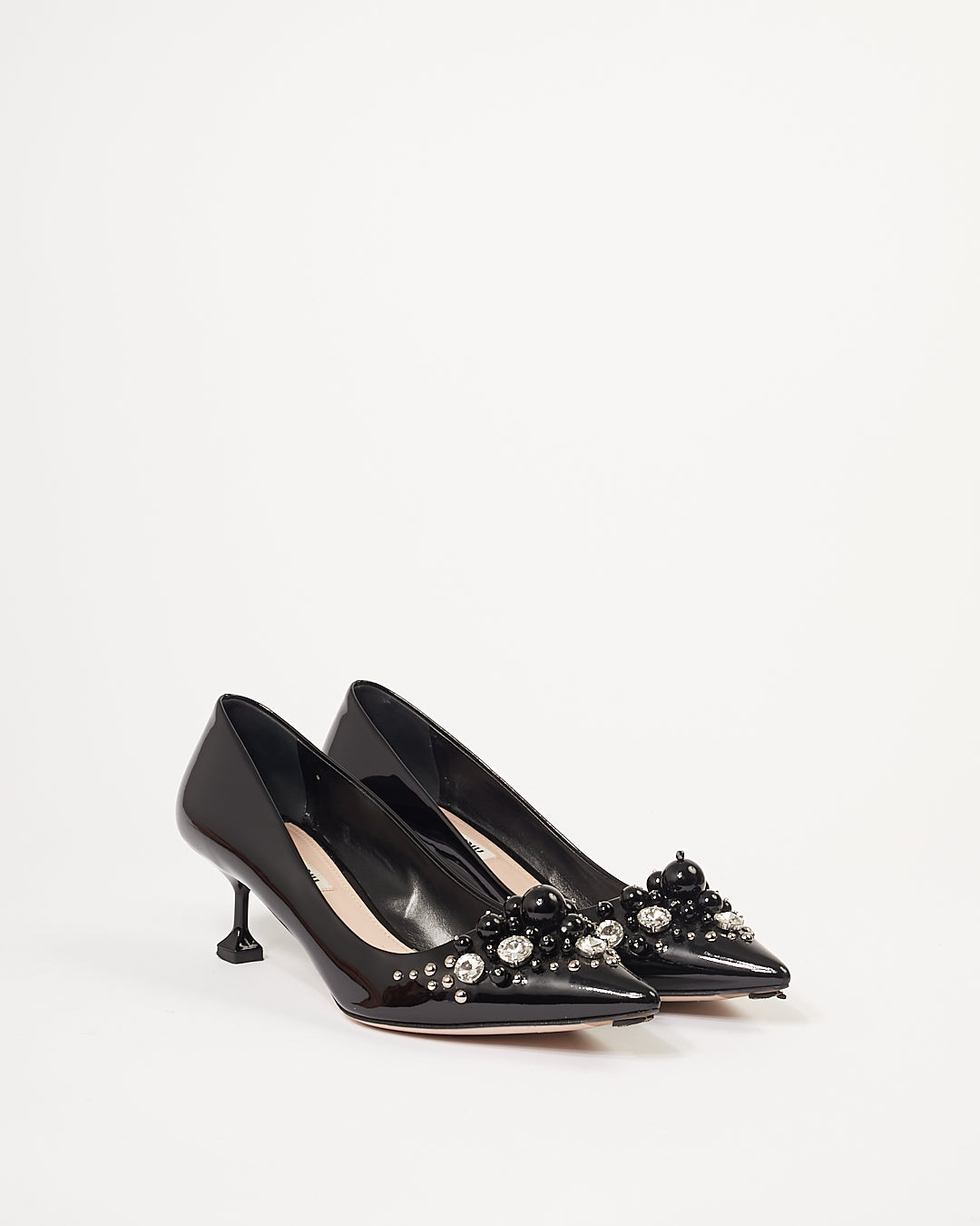Miu Miu Black Patent Leather Pearl & Crystal Embellished Pointed Toe Kitten Heel Pumps - 39