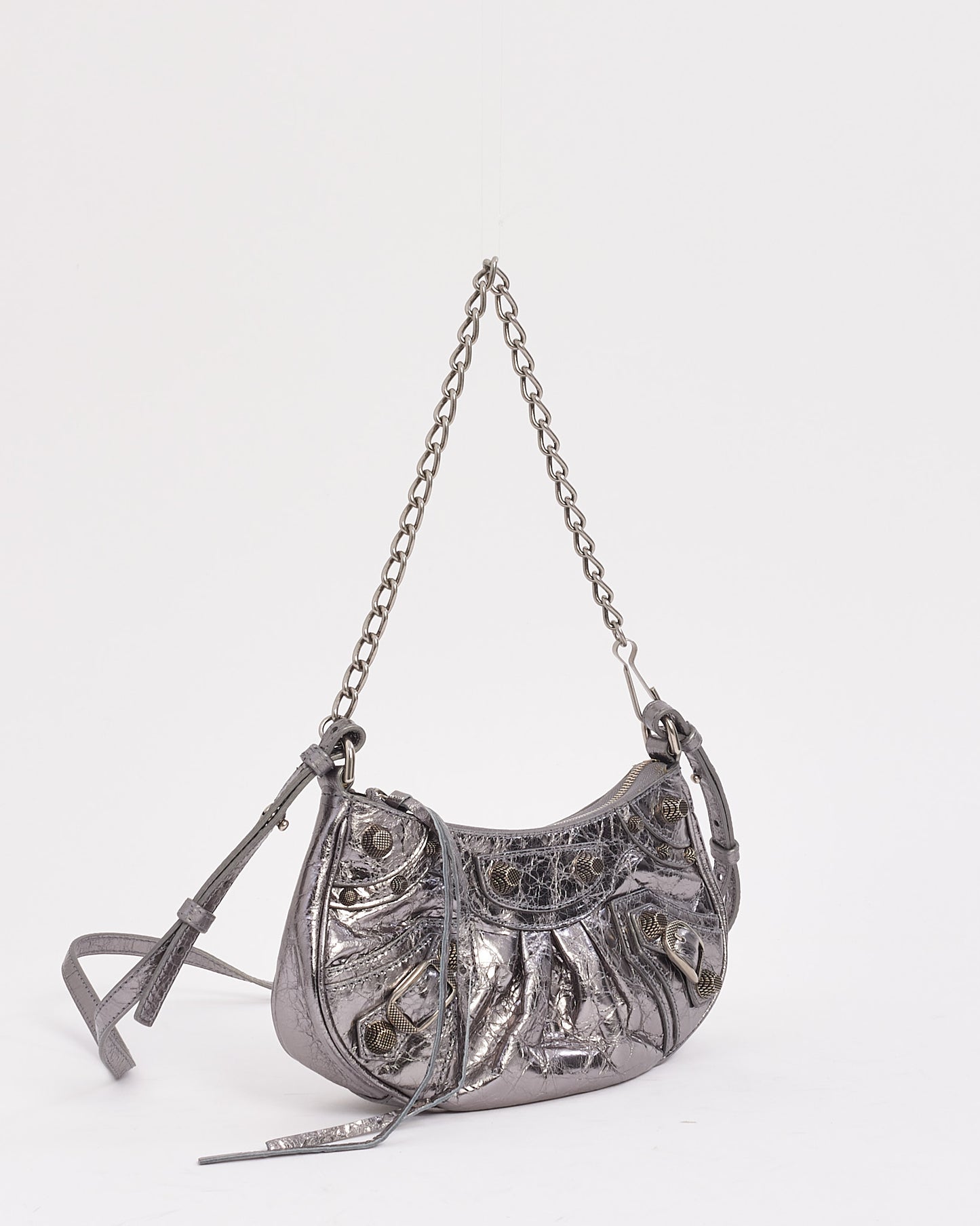 Balenciaga Mini sac Le Cagole en cuir argenté avec chaîne et bandoulière