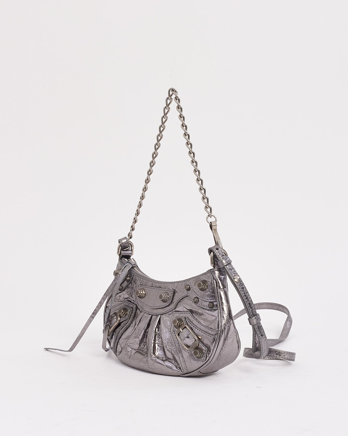 Balenciaga Mini sac Le Cagole en cuir argenté avec chaîne et bandoulière